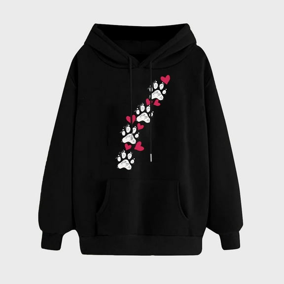 XPMWRP Women's Print Hoodies Drawstring Sweatshirt Long Sleeve Crewneck Cute Pullover Tops Fall Winter Casual Sweatshirt With Pocket Black L