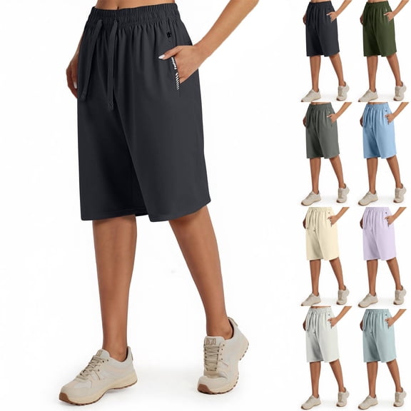 Quick Dry Shorts Women Cooling Breathable Knee Length Long Bermuda Shorts Plus Size Stretch Active Jogging Lady Athletic Walking Clothes With Pockets