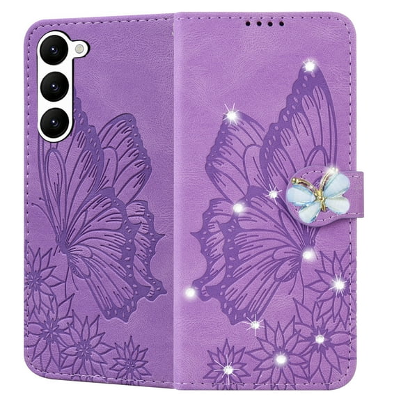 Dteck for Samsugn Galaxy S23 Case Wallet with Credit Card Slots Sparkle Diamond Rhinestone Butterfly Cute for Girls PU Leather Magnetic Closure Folio Flip Phone Cover for Samsung S23 5G,Purple