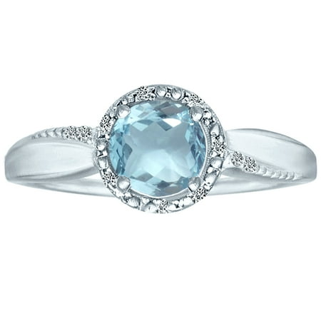 Brilliant Cut Tahitian Ring - 1.12 tcw Brilliant Round Cut Aquamarine & Natural Diamond Halo Ring .925 Sterling Silver