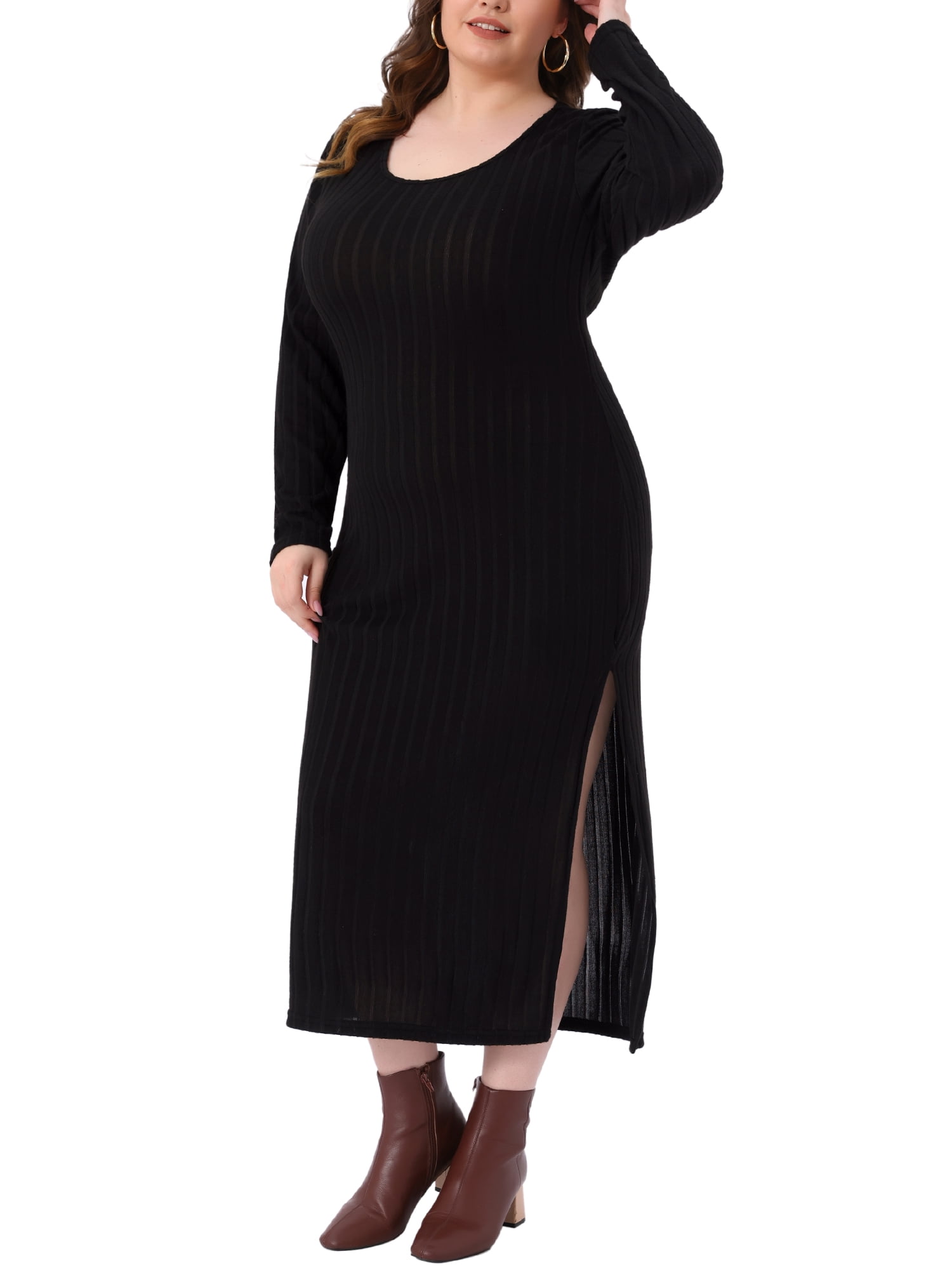 DARING DIVA Plus Size Ribbed Knit Midi Side Slit Long Sleeves Dress 2X Black