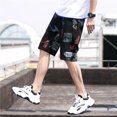 thumbnail image 3 of Pantalones cortos de playa para hombre con estampado de anime gráfico, pantalones cortos para hombre, de algodón sueltos, estampados florales, personalizados, estilo coreano de 3 cuartos, tabla de ver, 3 of 5