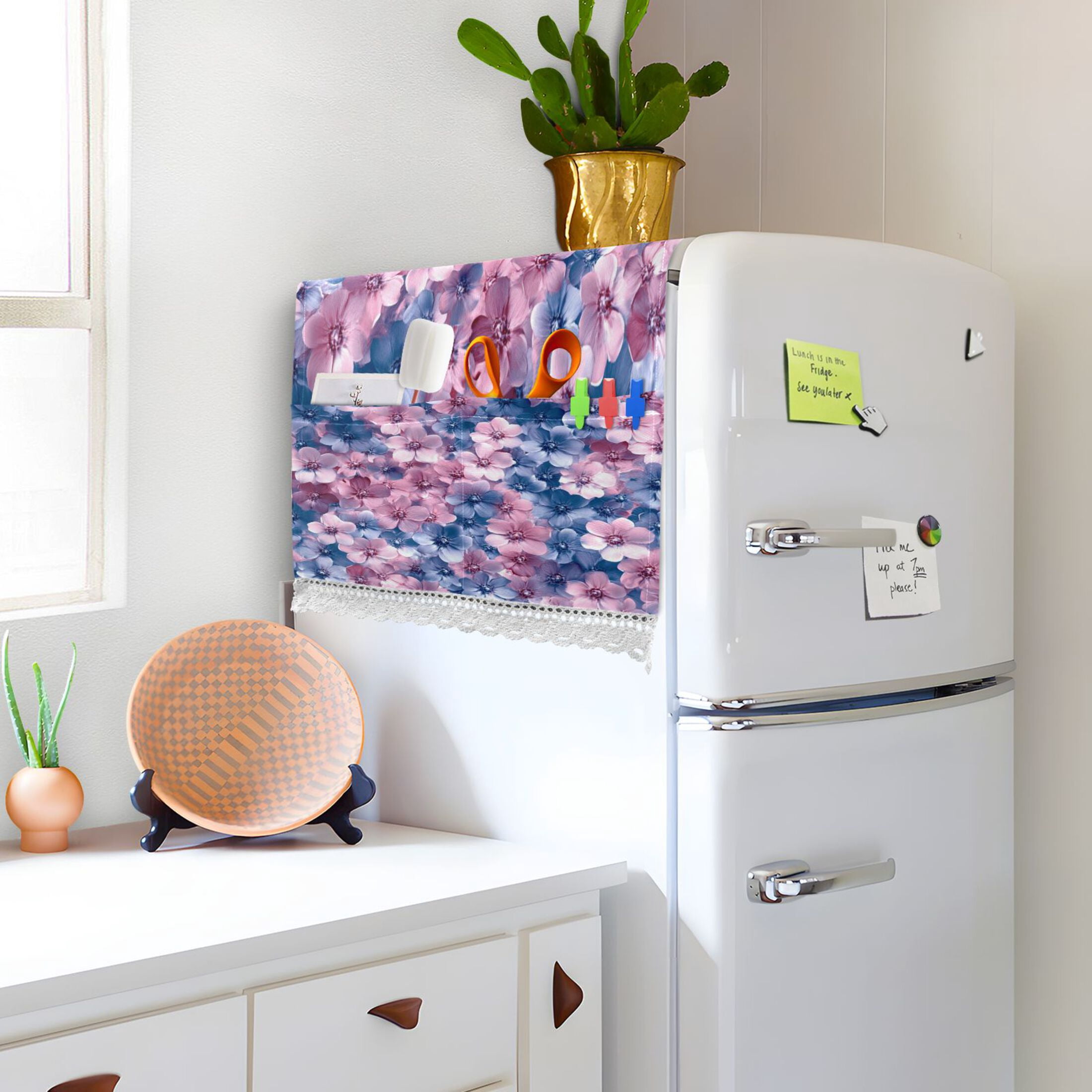 Fluffy FlowersWasher and Dryer Covers Dust-Proof and Oil Resistant Fridge Cover with 4 Storage Pockets Washing Machine Top Cover for Laundry Kitchen Home 51.2 x 22 In