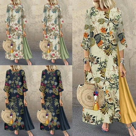 Plus Size Womens Boho Floral Print Cotton Linen Long Maxi Dress Long Sleeve Casual Loose Kaftan Patchwork Tunic Dress
