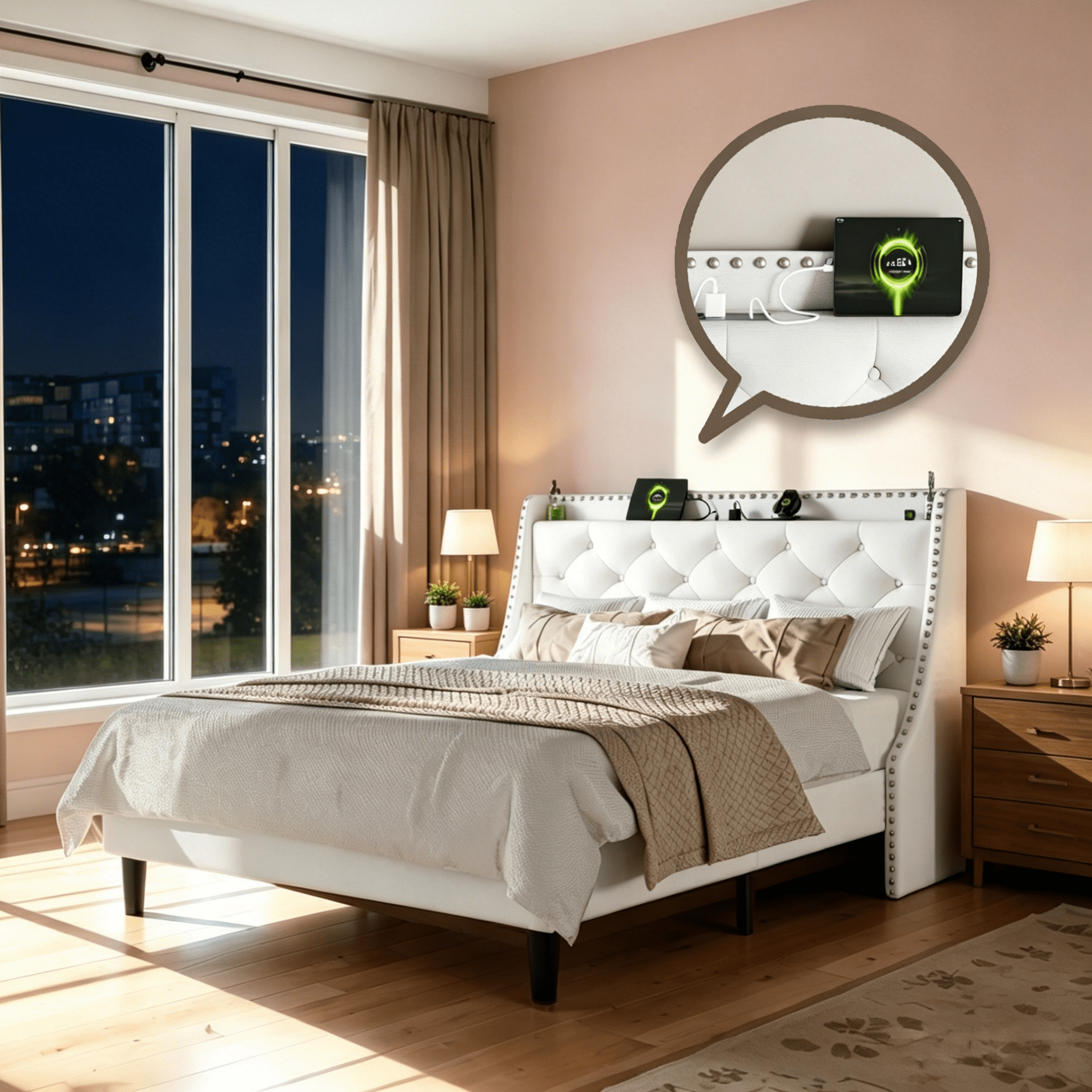 Gewnee King Size Upholstered Platform Bed with 16” Wide Wingback Button Tufted Headboard, Nailhead Trim,Built-in Charging Station (2 AC Outlets & 2 USB Ports),8” Underbed Storage.White