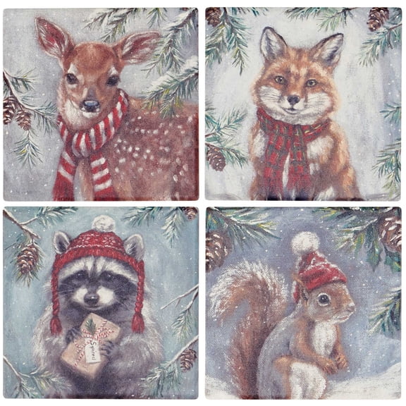 Primitives By Kathy 4.00In Winter Animal Coaster Set, Stone, Deer Squirrel Raccoon Fox 118473
