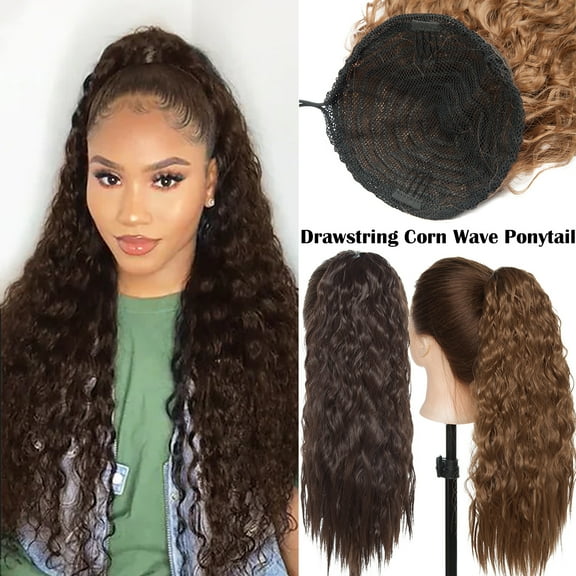 MY-LADY Drawstring Corn Wave Ponytail Curly Clip in Hair Bun Extensions Synthetic Long Hair for Women Black Brown Blonde 18"