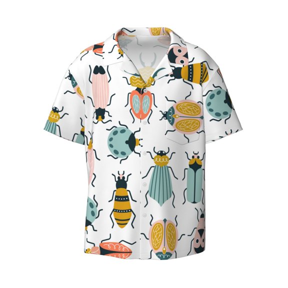 Xecao offers the Colorful Insects for Men's Casual Short-sleeved Shirt, a button-up collared shirt with a pocket, perfect for beach vacations and yacht travel in the Small size.