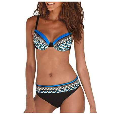2 Piece Bikinis V-Neck for Women Floral Print Bikini Set Swimming Two Swimsuits Swimwear Beach Suit Swim Suits Trendy 2025 Blue