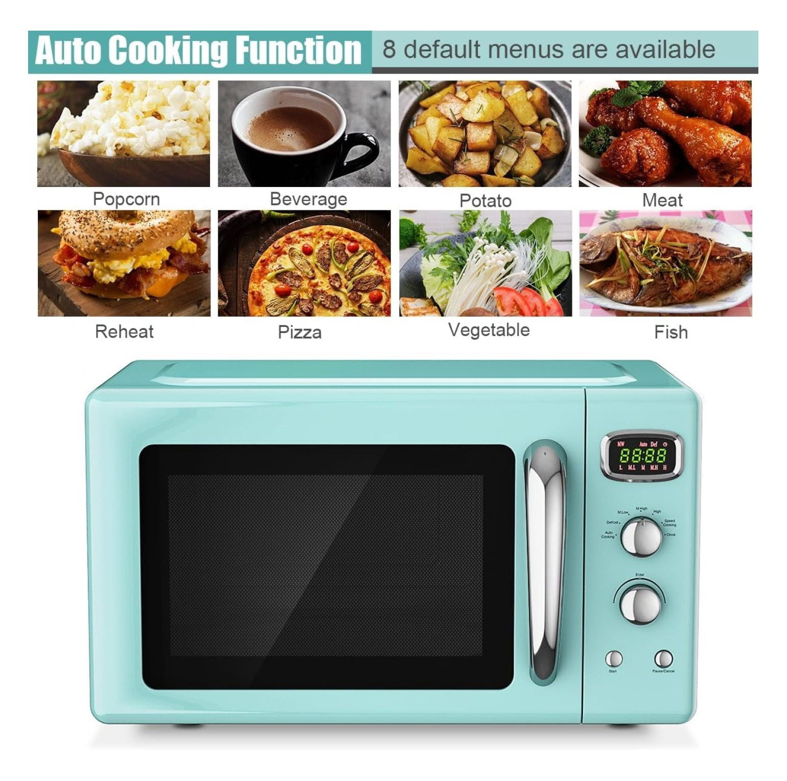 0.9 Cu.Ft Microwave Oven, 900W Countertop Microwave with 5 Power Levels, Defrost, Auto Cook, LED Display, Stainless Steel Interior, Child Lock