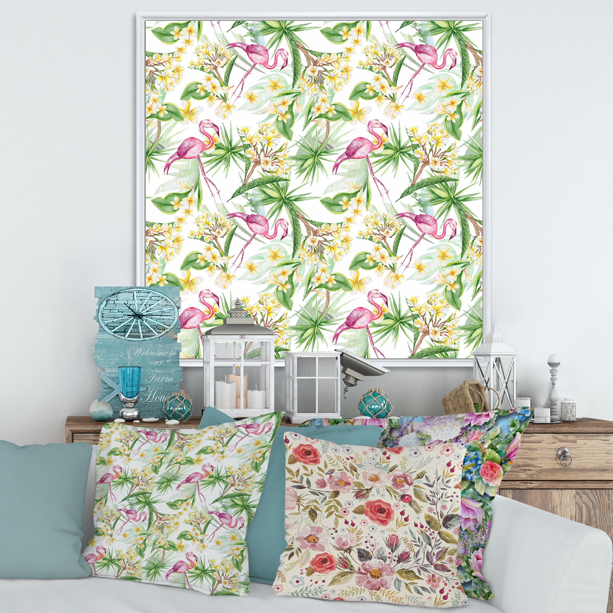 Designart 'Yellow Flowers, Tropical Foliage With Flamingo IV' Modern Framed Canvas Wall Art Print