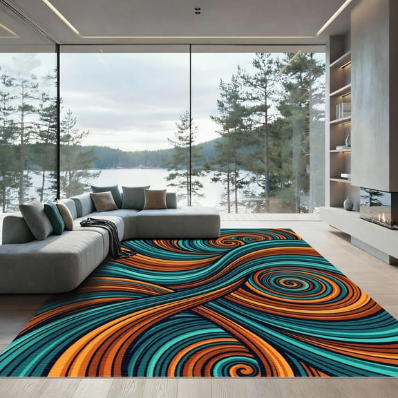 ODIKA 4'x6' Machine Washable Non-Slip Area Rug, Abstract Teal High Traffic Rug, Blue, 1175740
