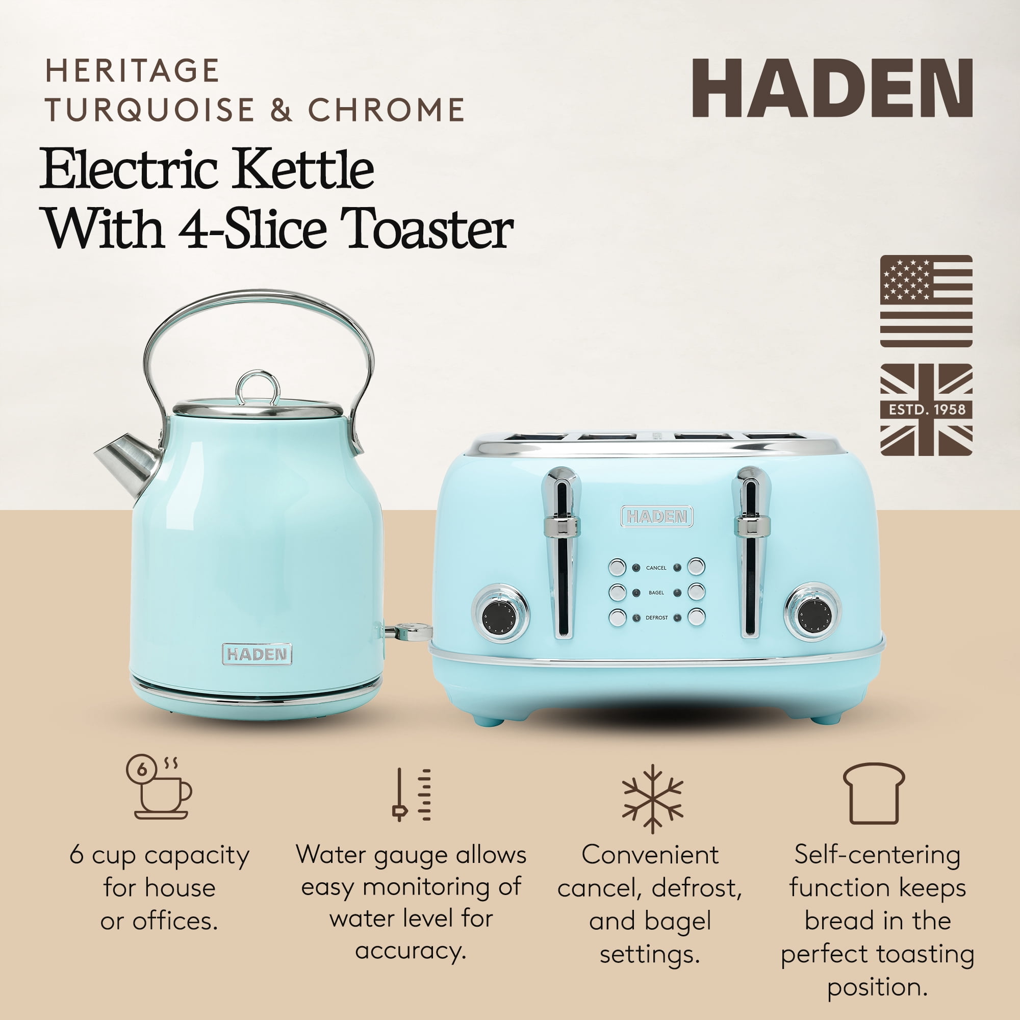 Haden Heritage 4 Slice Wide Toaster & Electric Kettle, Turquoise & Chrome