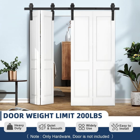 Kojooin Heavy Duty Bi-Fold Barn Door Hardware Kit, Smooth Sliding Track for Double Closet Doors in Bedroom or Laundry Room