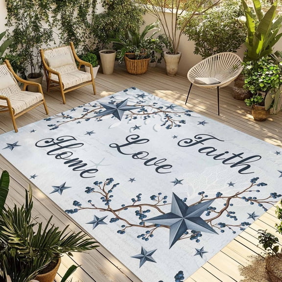 Texas Star Country Outdoor Rug for Patio/Deck/Porch, Non-Slip Large Area Rug 6 x 9 Ft, Blue Farmhouse Branches Indoor Outdoor Rugs Washable Area Rugs, Reversible Camping Rug Carpet Runner