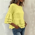 thumbnail image 4 of Lenpel Womens Cotton Linen Tops Fall 3/4 Length Sleeve Crew Neck Peplum Blouses Casual Fashion Hollow out Shirts, 4 of 7