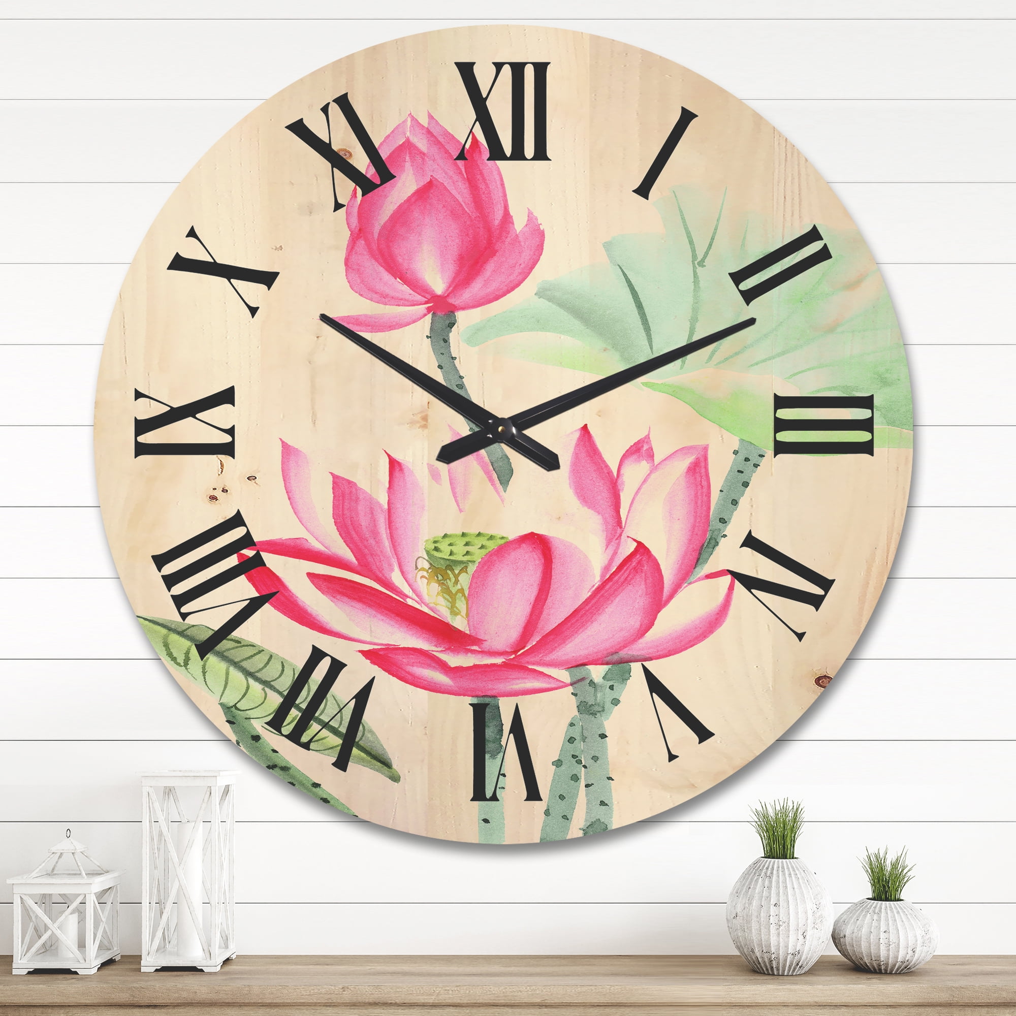 Designart 'Ancient Pink Lotus Flower' Traditional Wood Wall Clock