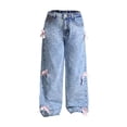 thumbnail image 4 of KAUOD Jeans for Girls Baggy Wide Leg Cute Bow High Elastic Waisted Denim Pants Y2K Skater Streetwear Straight Trousers, 4 of 9