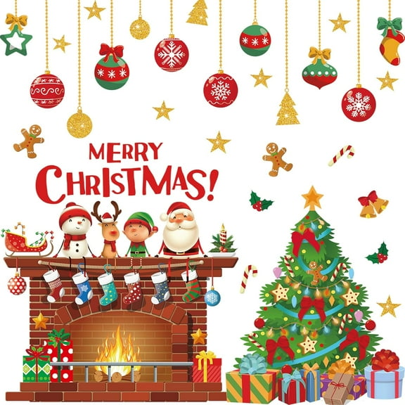 Christmas Wall Decals Christmas Tree Wall Stickers Xmas Ball Fireplace Decals Stickers Removable Merry Christmas Wall Decorations for Xmas Party Bedroom Living Room Office Home Decor, 4 Sheets