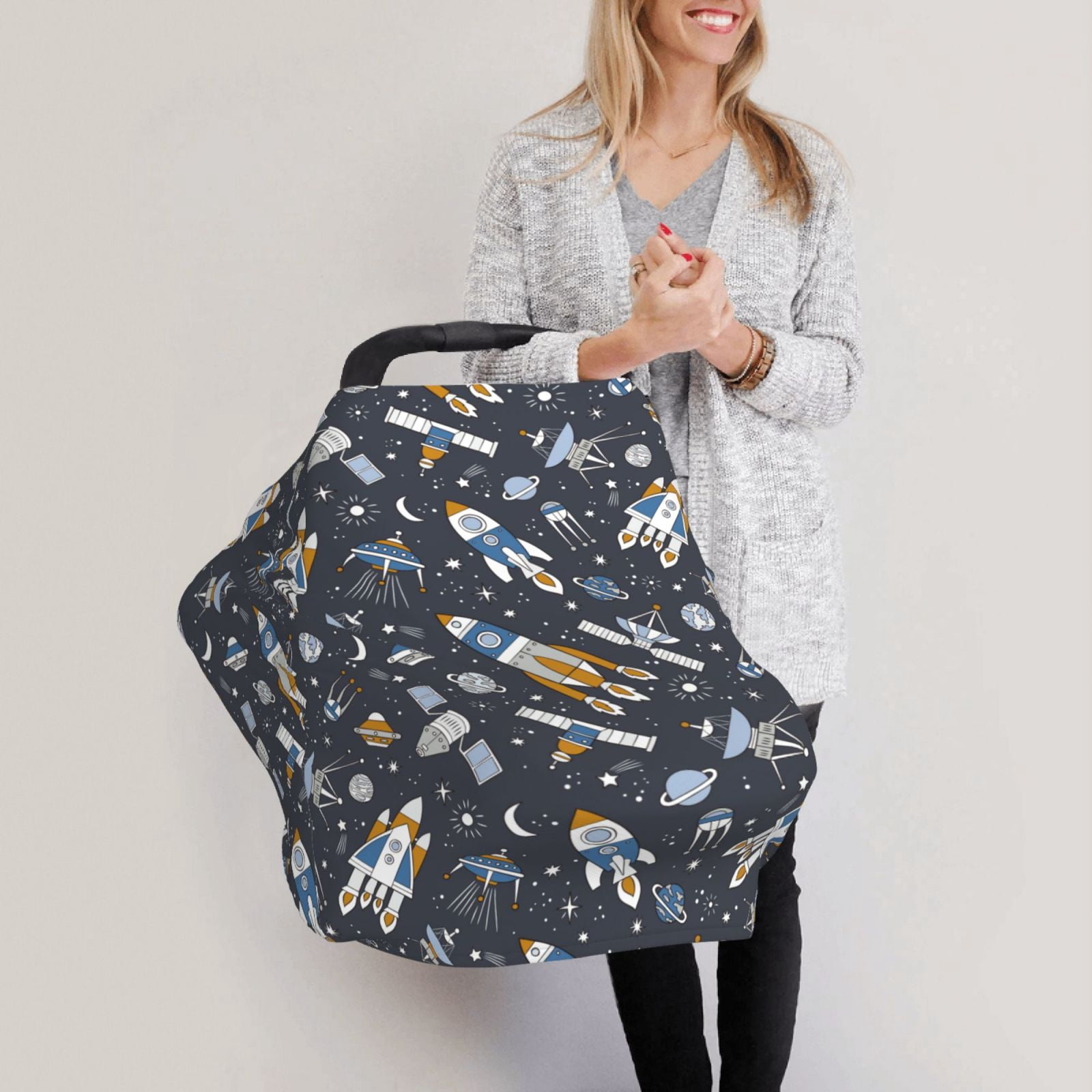 Fotbe Space Cars Pattern Car Seat Covers for Babies, Nursing Breastfeeding Cover Infant Carseat Canopy, Soft Stretchy Carrier Cover