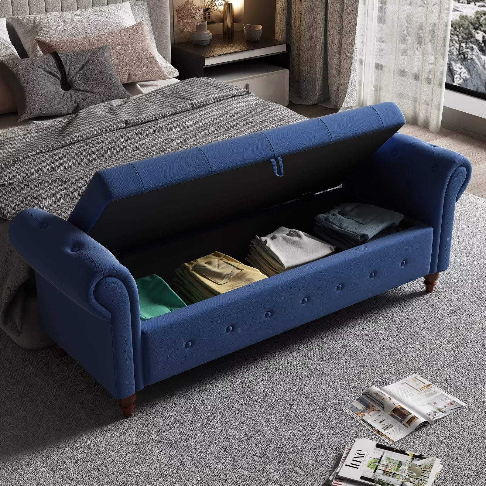 63" Long Storage Bench, Button Tufted Bed End Storage Bench with Rolled