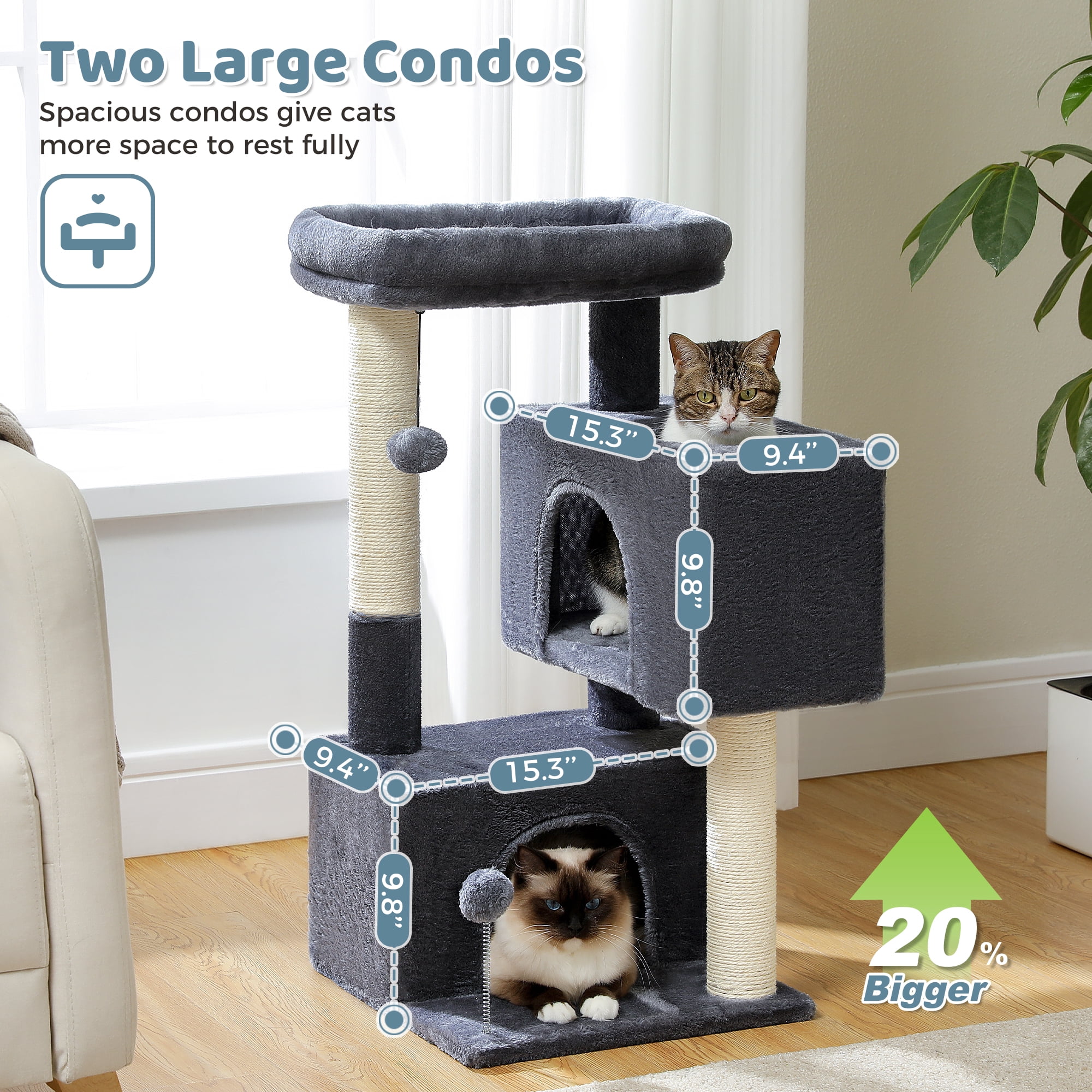 PAWZ Road 31.5" Modern Cat Tree Tower with Dual Large Condos for Kitten ＆ Medium Size Cat Dark Gray
