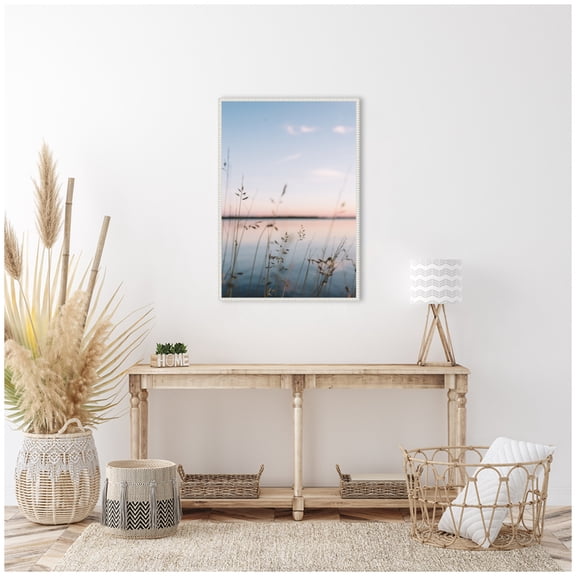 Kate and Laurel Serene Sunset Lake Landscape Framed Canvas Wall Art  by Patricia Rae 23 x 33 Sylvie Beaded White, Coastal, Landscapes, Nature Art for Wall Decor, Living Room Bedroom