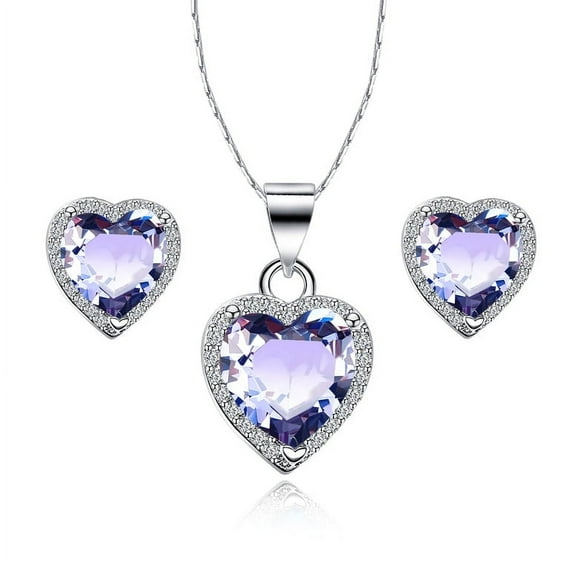 Bonjour Jewelers 18k White Gold Plated Heart 4 Carat Created Amethyst Full Set Necklace, Earrings 18 Inch