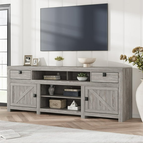 Emorefun 70.1" Farmhouse TV Stand, Media Console with Storage Drawers & Open Shelf for Living Room, Bedroom, Gray