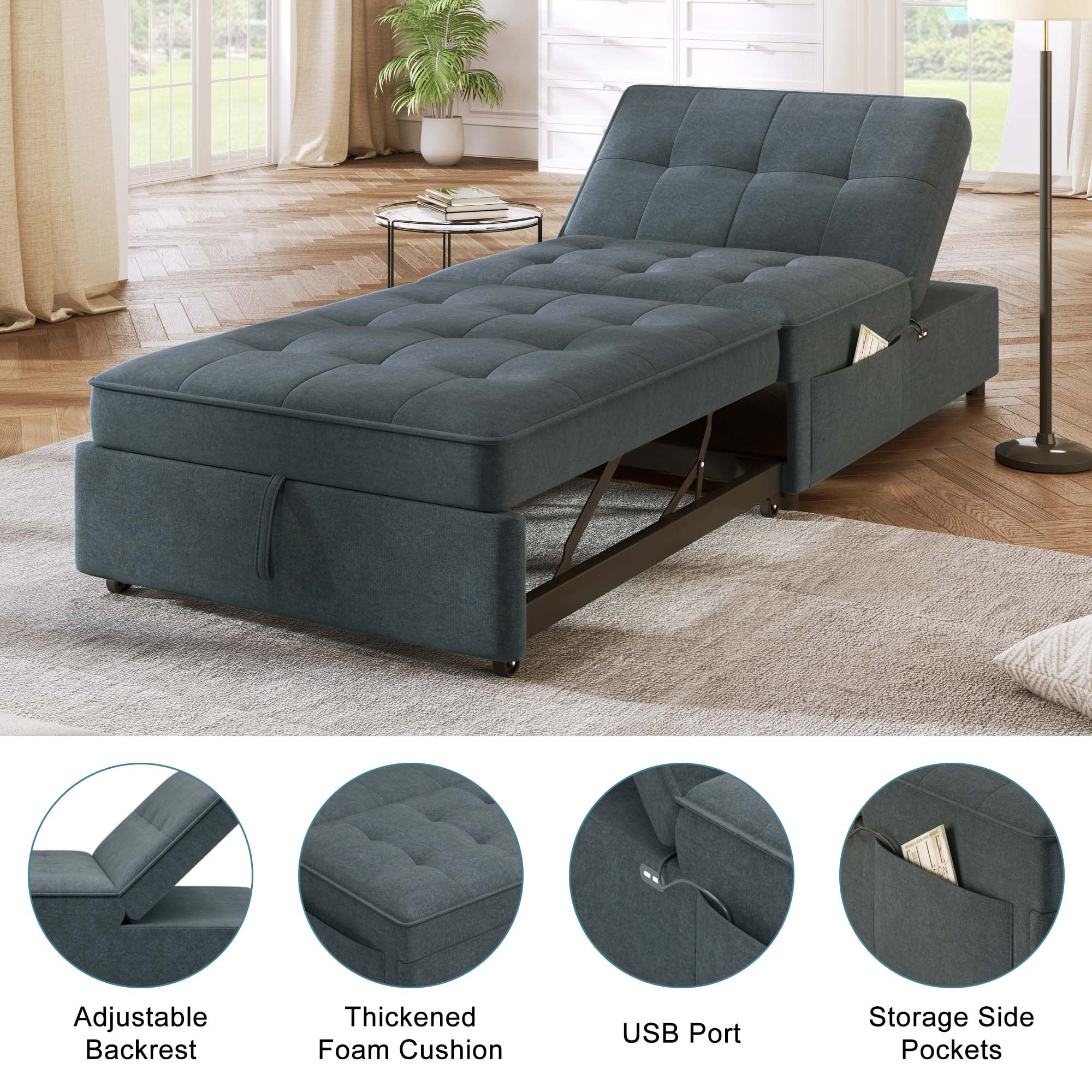 Aukfa Convertible Sleeper Sofa Chair Bed, 3-in-1 Pull Out Sleeper Chair with USB Port and Pocket for Living Room - Gray