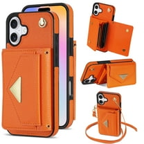 Nalacover Case for iPhone 16, Crossbody Wallet Case with Card Slots Holder, PU Leather Lanyard Shoulder Strap Purse Cover with Kickstand Shockproof Case for iPhone 16, Orange