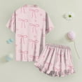 thumbnail image 4 of Abcomgle Girls Summer Pajamas Size 10-12 Bownot Print Girls' Sleepwear Silk Button Down Short Sleeve Tshirt with Ruffle Pajama Shorts Girls Preppy Summer Pajamas for Kids 14-15 Years,Pink, 4 of 7