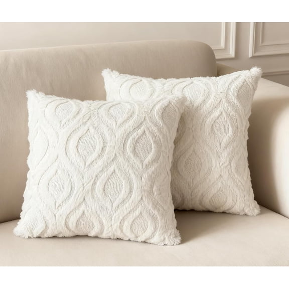2PCS Decorative Throw Pillow Covers, 16x16 Soft Plush Faux Fur Wool Couch Cushion Pillow Covers, Cozy Boho Farmhouse Neutral Square Pillow Case for Living Room Sofa Bed Home Decor by JEWLALO