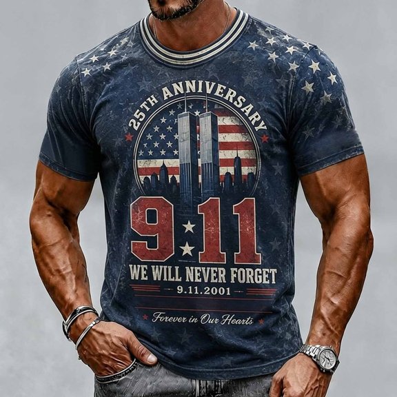 Xneal 911 25th Anniversary T-Shirt Casual Print Short Sleeve Never Forget 911 Multicolor Shirts for Men Size 2XL