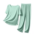 thumbnail image 6 of Pajama Sets for Women Round Neck Short Sleeve Tees with Wide Leg Pants Comfy Loungewear Summer Sleepwear Set Green 3XL, 6 of 7