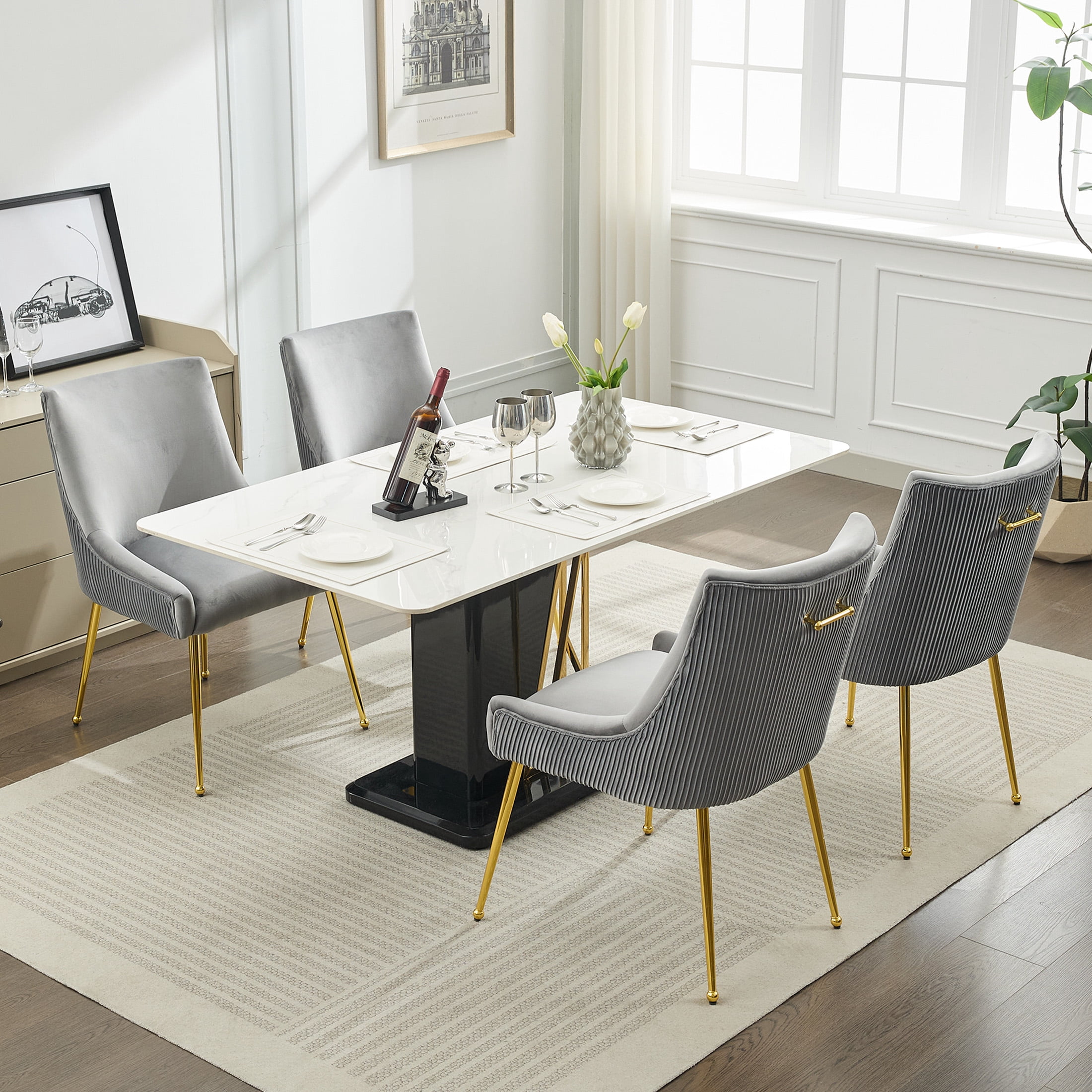 Velvet Dining Chairs Set of 6 with Gold Legs, Upholstered Accent Chairs, Pleated Back & Gold Pull Handle, Mid-Century Modern for Dining Room, Kitchen, Living Room, Light Grey