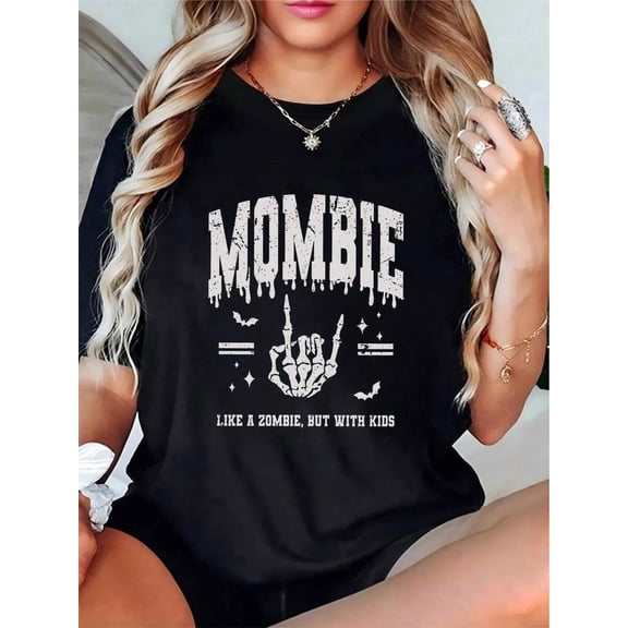 Women's Halloween Mombie Funny Graphic T-Shirt Skeleton Rock Hand Bat Distressed Print Casual Short Sleeve Tee For Mom Halloween Daily Party Wear