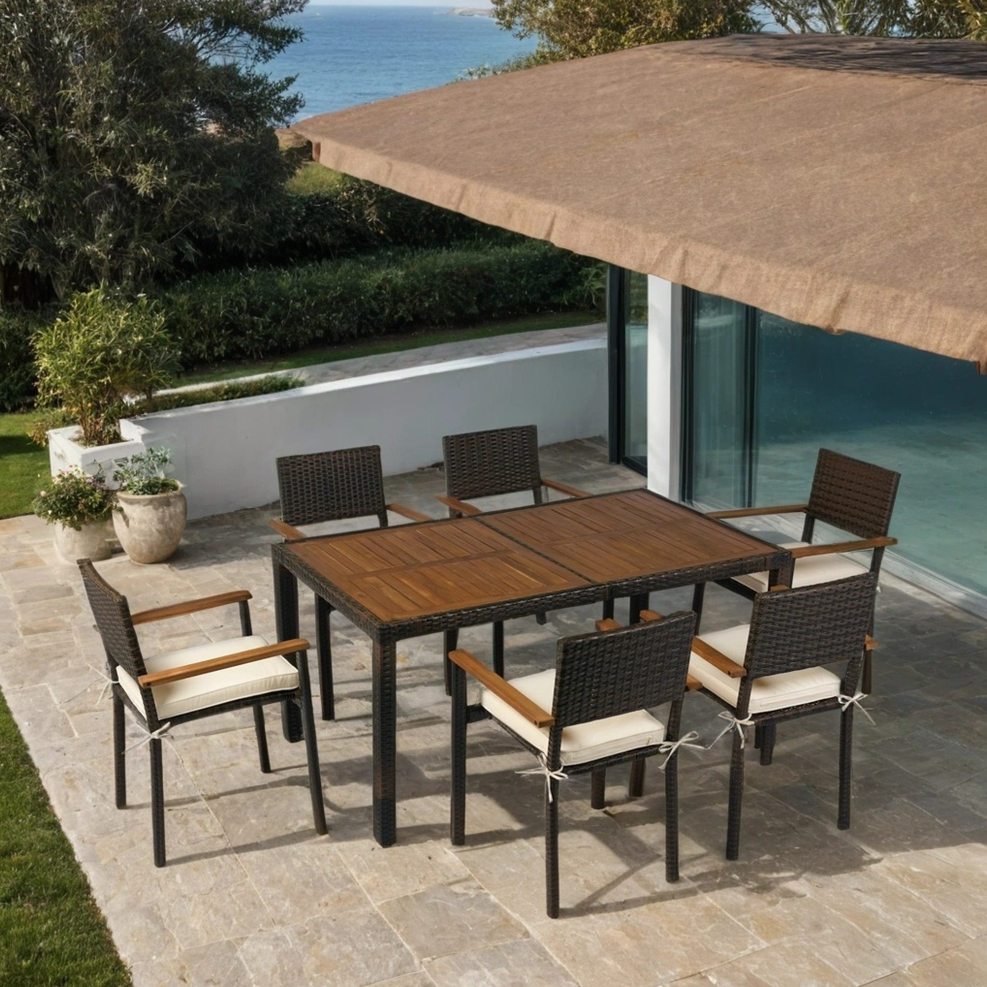 7 Pieces Patio Conversation Set,Outdoor Dining Set with Rectangular Table,Brown Wicker + Cream Cushion