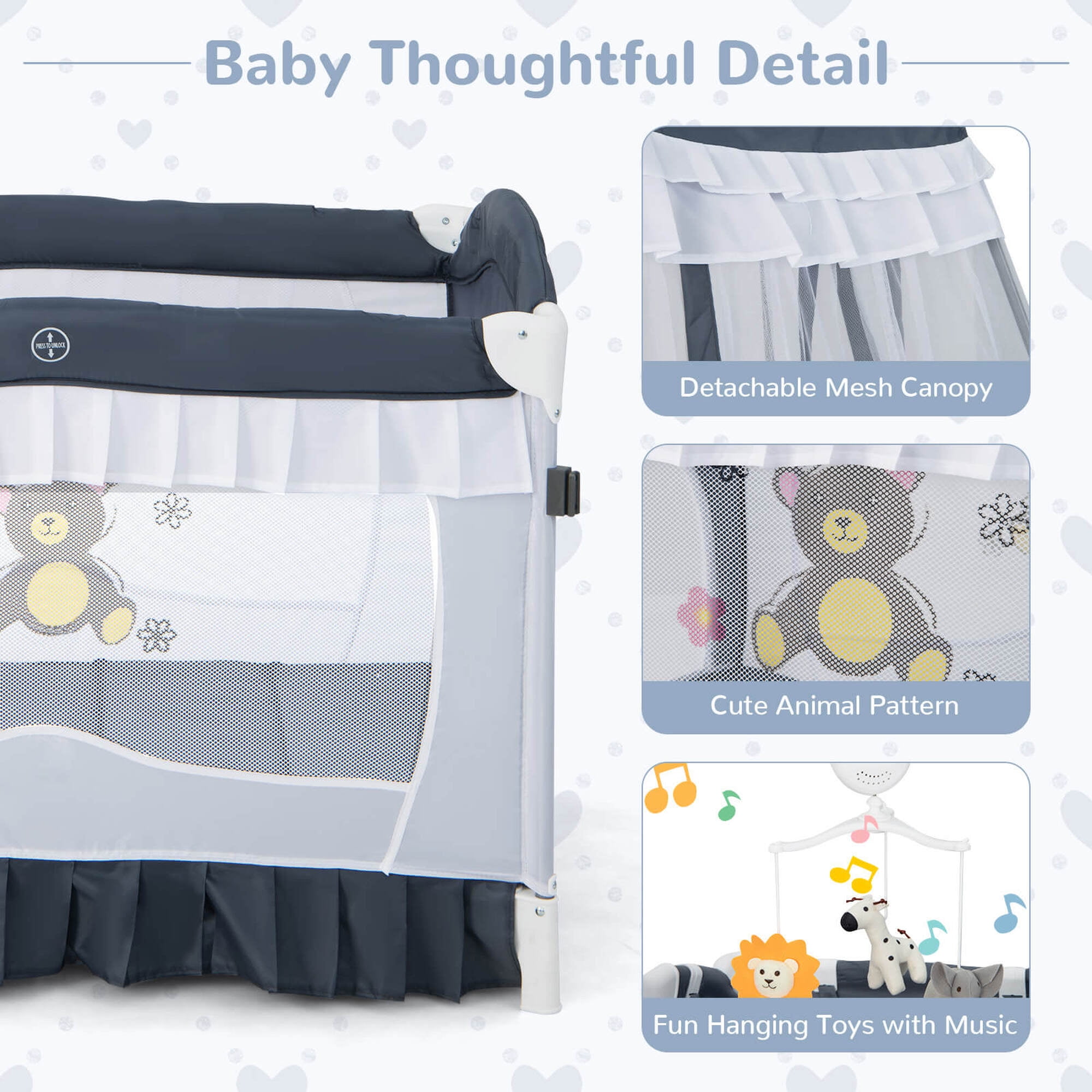 Costway Baby Playard Crib Bed 4 in 1 Portable with Changing Table Canopy Music Box Grey