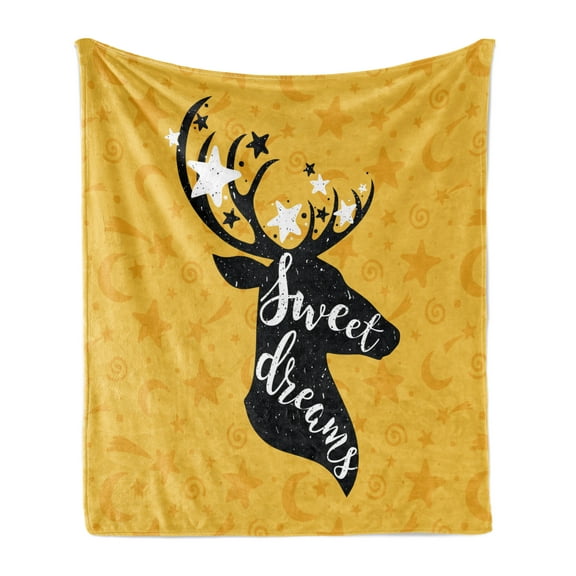 Saying Soft Flannel Fleece Throw Blanket, Silhouette of Deer Animal with Antlers on a Doodle Background, Cozy Plush for Indoor and Outdoor Use, 50" x 60", Earth Yellow Black White, by Ambesonne