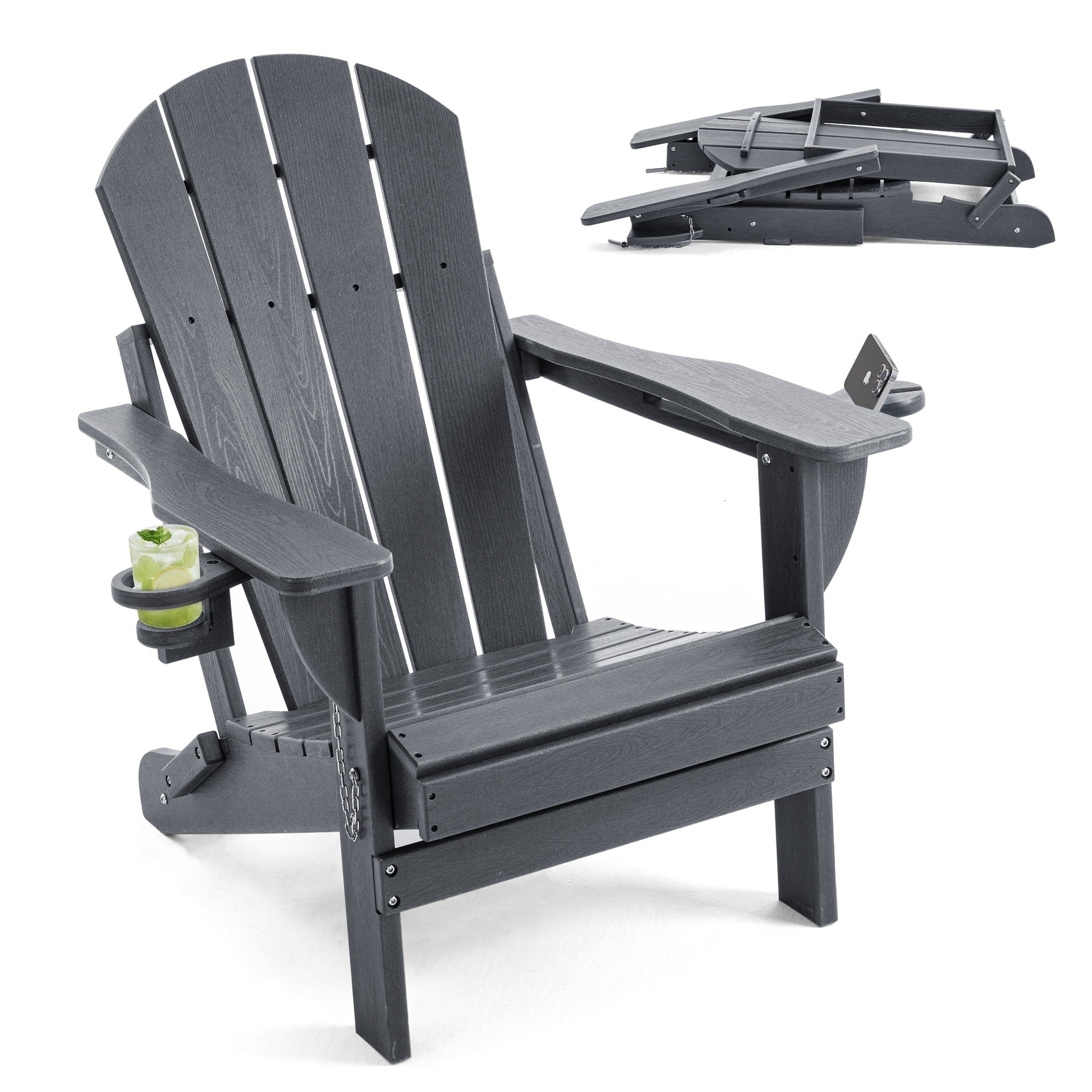 ENYLAY Folding Adirondack Chair with Dual Cup Holders & Phone Holder, All-Weather HDPE Fire Pit Chairs for Outdoor, Patio, Poolside, Garden(Grey)