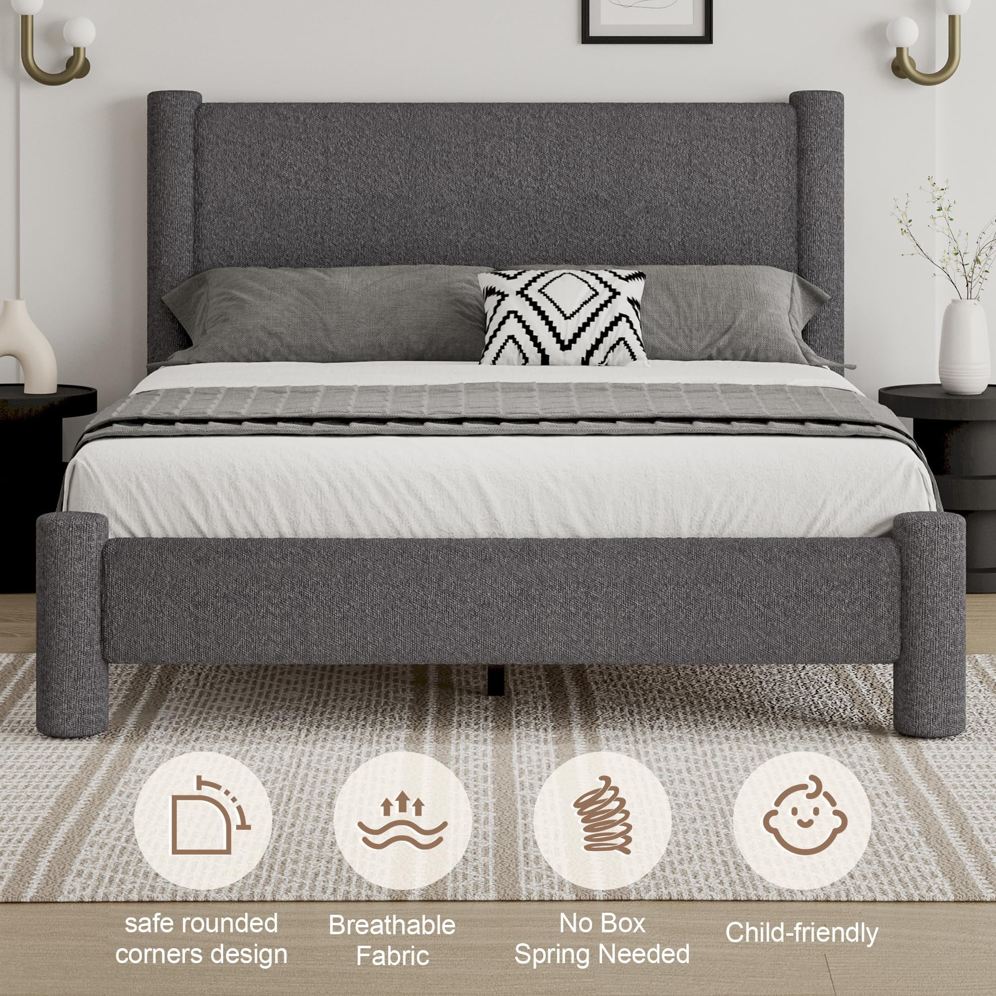 4 EVER WINNER Queen Bed Frame, Queen Size Bed Frame, Upholstered Queen Bed with Rounded Legs, Boucle Bed Frame with Headborad, Dark Grey