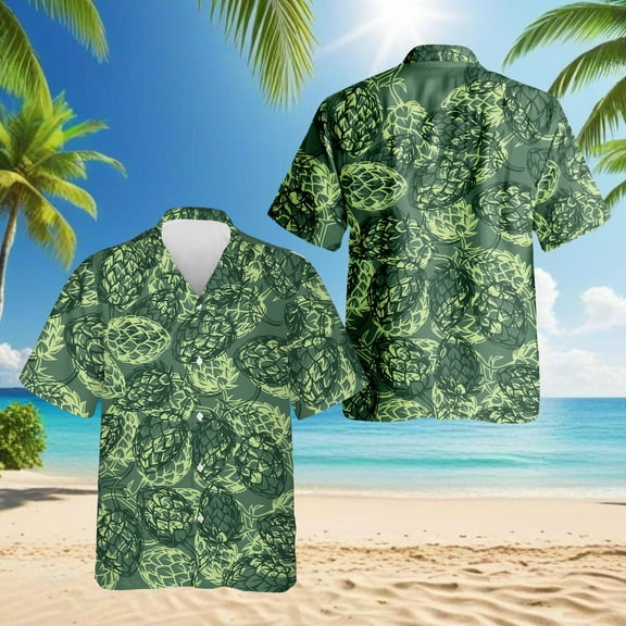 Beer Hops Seamless Hawaiian Shirt for Men, Button Down Summer Beach Short Sleeve, Vintage Style, Sizes S-5XL