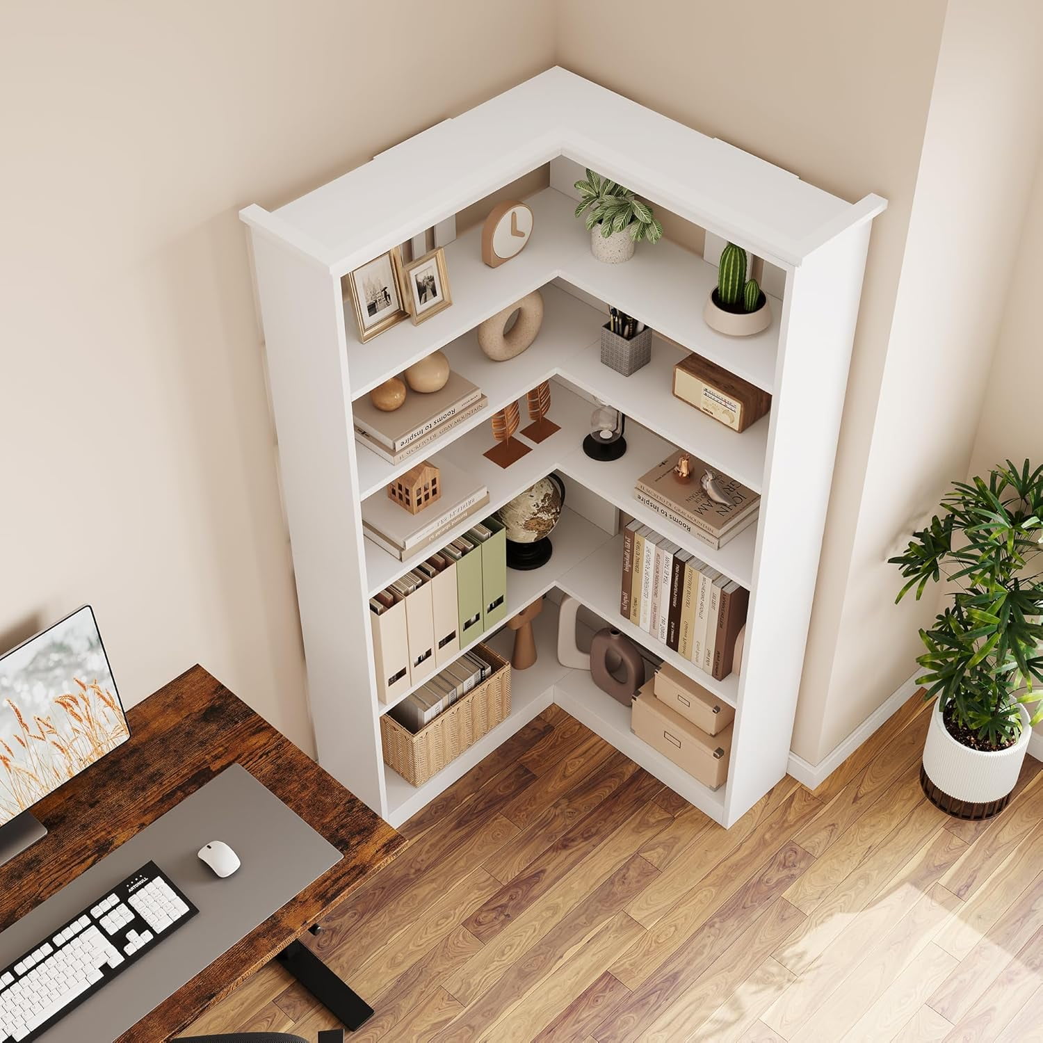 NEILA Farmhouse Corner Bookshelf – 72.8” Tall L-Shaped Bookcase with 5 Tiers, Wood Display Rack for Office and Bedroom, Half Panel Design in White