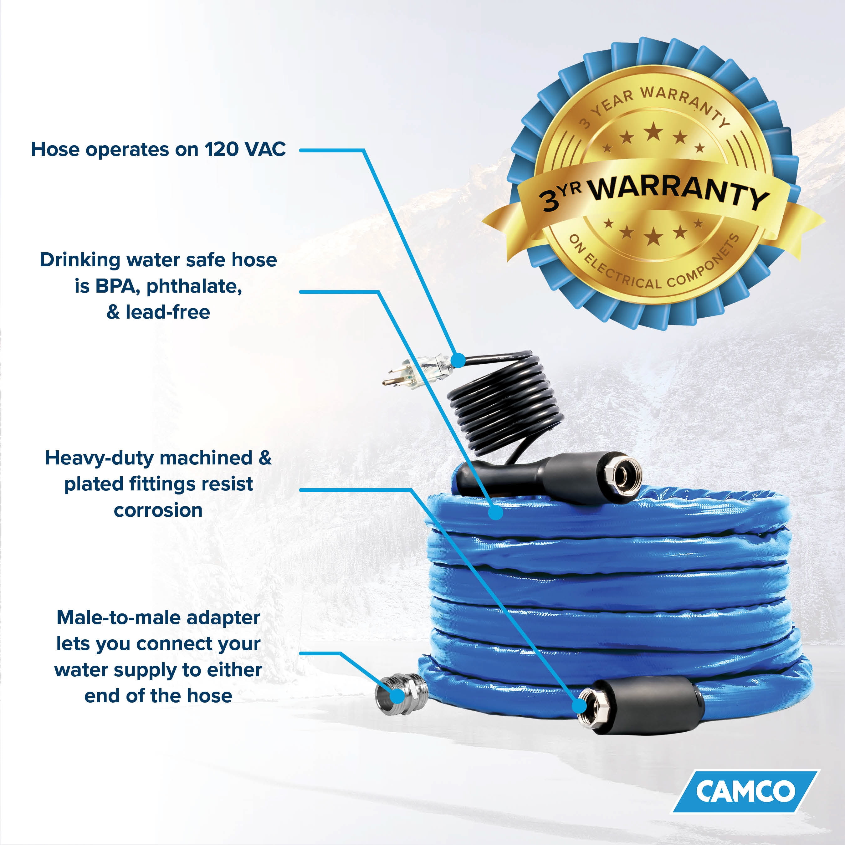 Camco 50-Foot Heated Water Hose for RV - Water Line Freeze Protection (22924)
