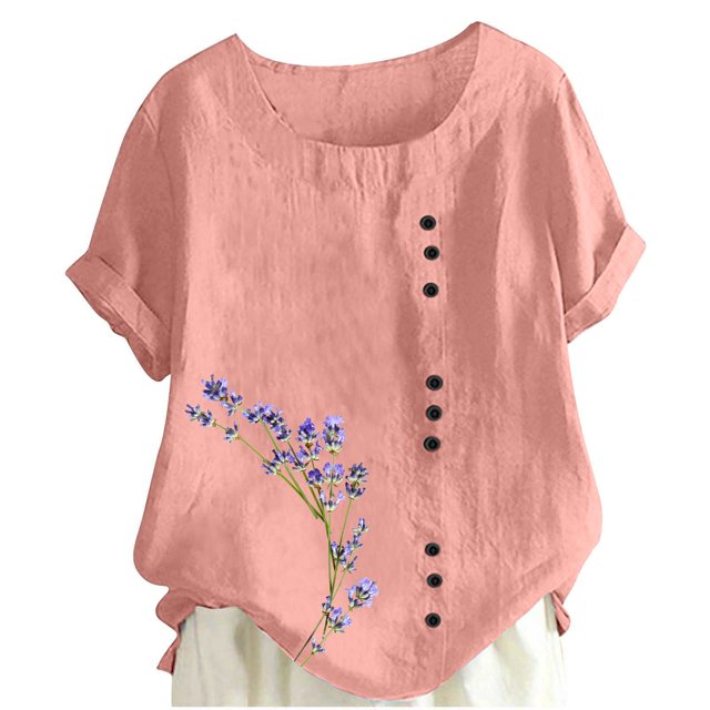Liquidation! Uooqdmx Chemises en Lin pour Femmes, Chemises à Manches Courtes pour Femmes, Hauts Fluides pour Femmes, Blouse Col Rond Décontractée Coupe Ample Tunique, Hauts en Gaze pour Femmes, Rose m
