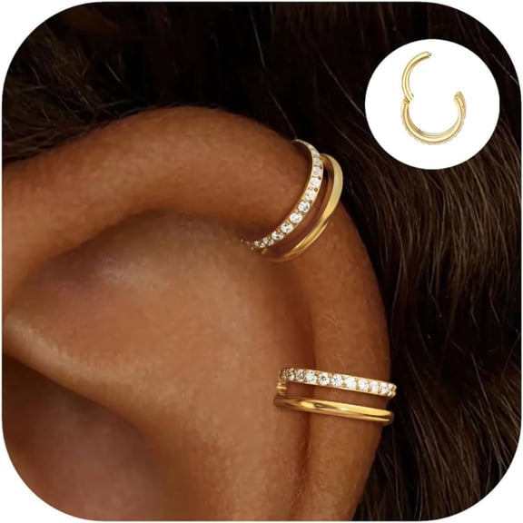 DESIGNICE 2 Pcs Small Cartilage Double-Hoop Helix Conch Piercing Earrings with Cubic Zirconia for Women Trendy 14K Gold Plated Stainless Steel Sets Jewelry