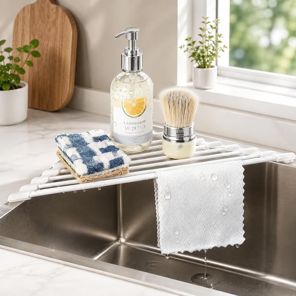 Triangle Roll Up Dish Drying Rack Over The Sink, Triangular Sink Rack, Sink Corner Foldable Coated Stainless, Anti-Slip Organizer for Kitchen, Heat-Resistant, Non-Slip (White)