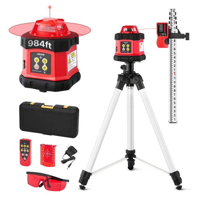 VEVOR Rotary Laser Level Kit, 984ft 360-Degree Self Leveling Red Horizontal Laser Transit,with Tripod,Receiver,Remote Control, IP54 Waterproof, 0.12in/100ft Precision