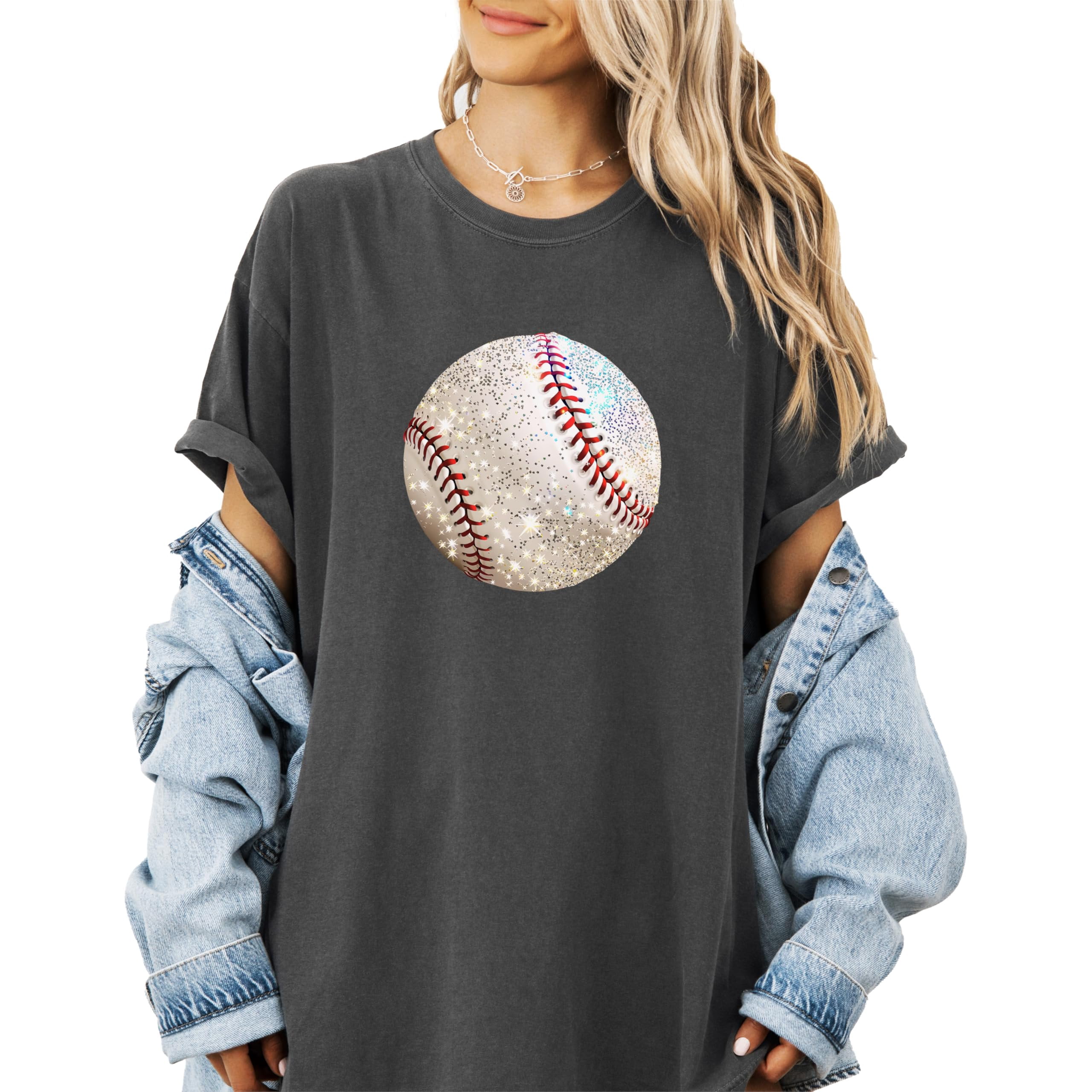 Glitter Baseball Shirt for Women and Teens Girly Baseball Fan Oversized Tee Pepper Shirt Adult X-Large